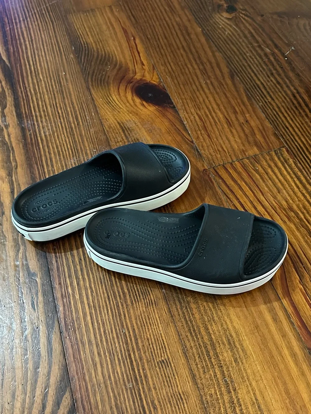 CROCS Women’s Black Slide Platforms with White Trim